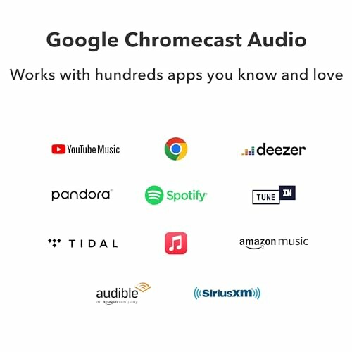 Google Chromecast Audio supported apps logos including YouTube Music, Deezer, Pandora, Spotify, TuneIn, Tidal, Apple Music, Amazon Music, Audible, and SiriusXM.